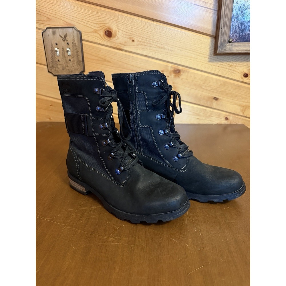 SOREL Boots Women's 10 Emelie Conquest Waterproof Black Leather Side Zip Winter